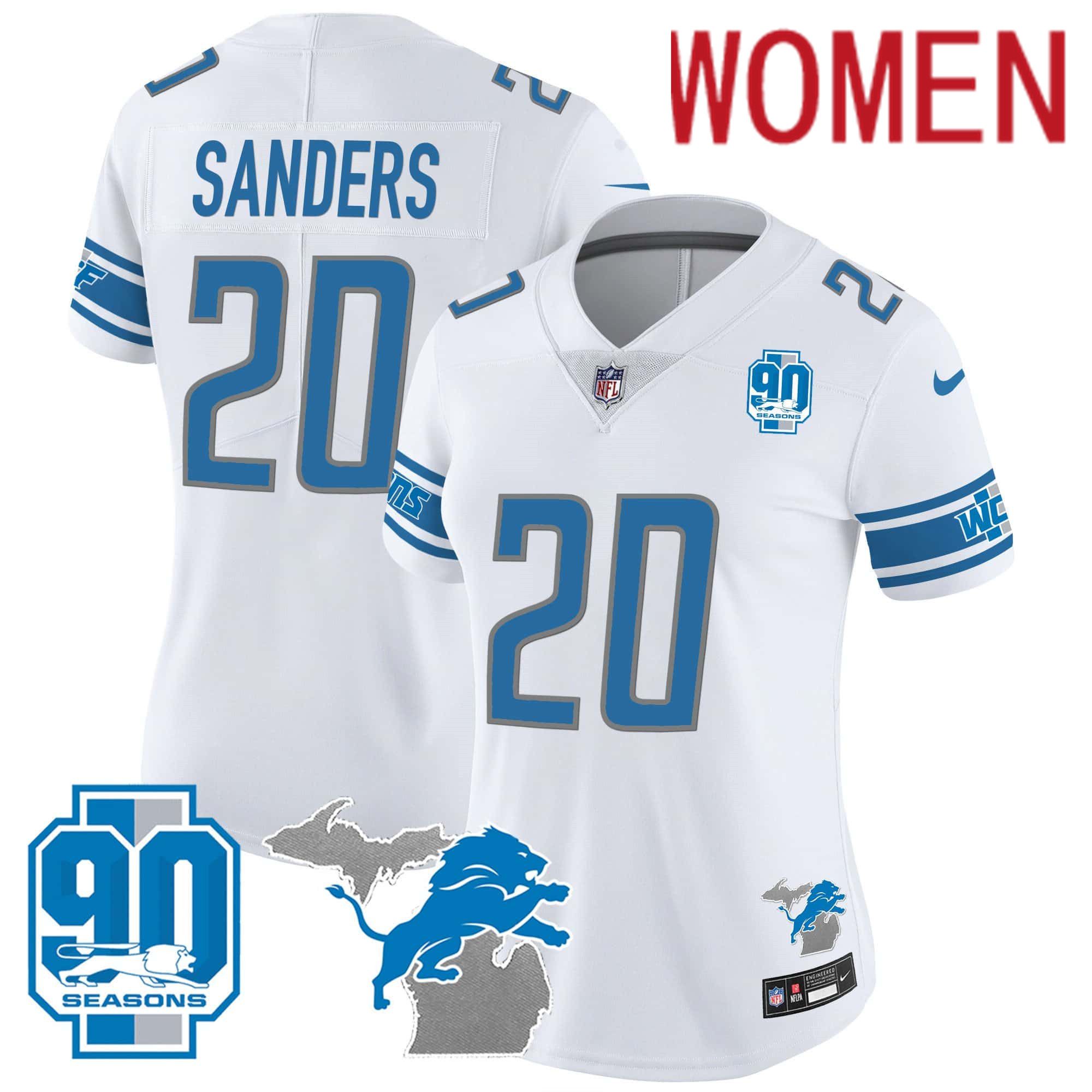 Women Detroit Lions #20 Sanders White 2024 Nike 90th Year Michigan Patch Vapor NFL Jersey
